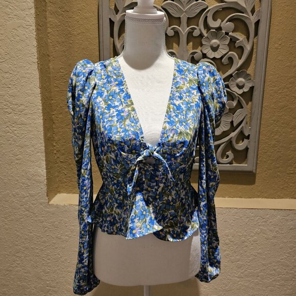 Forever 21 Floral Plumets S Top Garden Tulip Hem Peasant Boho Puff Sleeve - Picture 1 of 14